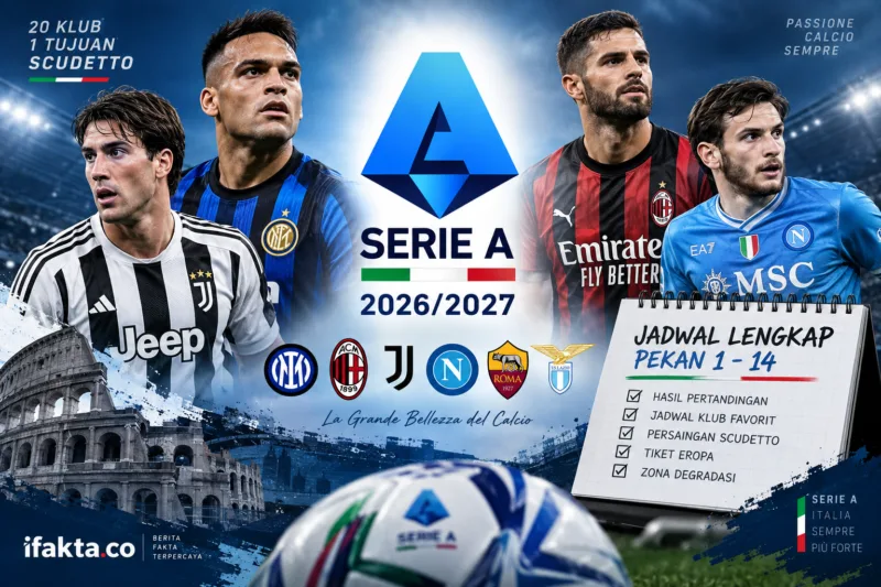Jadwal lengkap Serie A 2026/2027 dari pekan 1-14, termasuk hasil pertandingan, jadwal klub besar, dan persaingan Liga Italia. (Ilustrasi: satusport/ris)