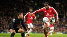 Patrick Dorgu menikmati debut Liga Champions bersama Manchester United setelah membantu Setan Merah menang 4-0. (AP Photo/Dave Thompson)